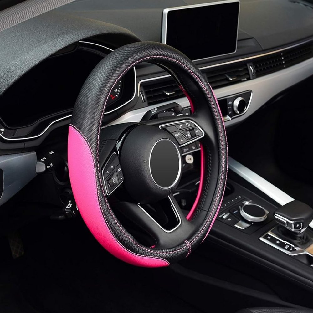 Microfiber Leather Anti-Slip Steering Wheel Cover, Universal Fit 15 Inch